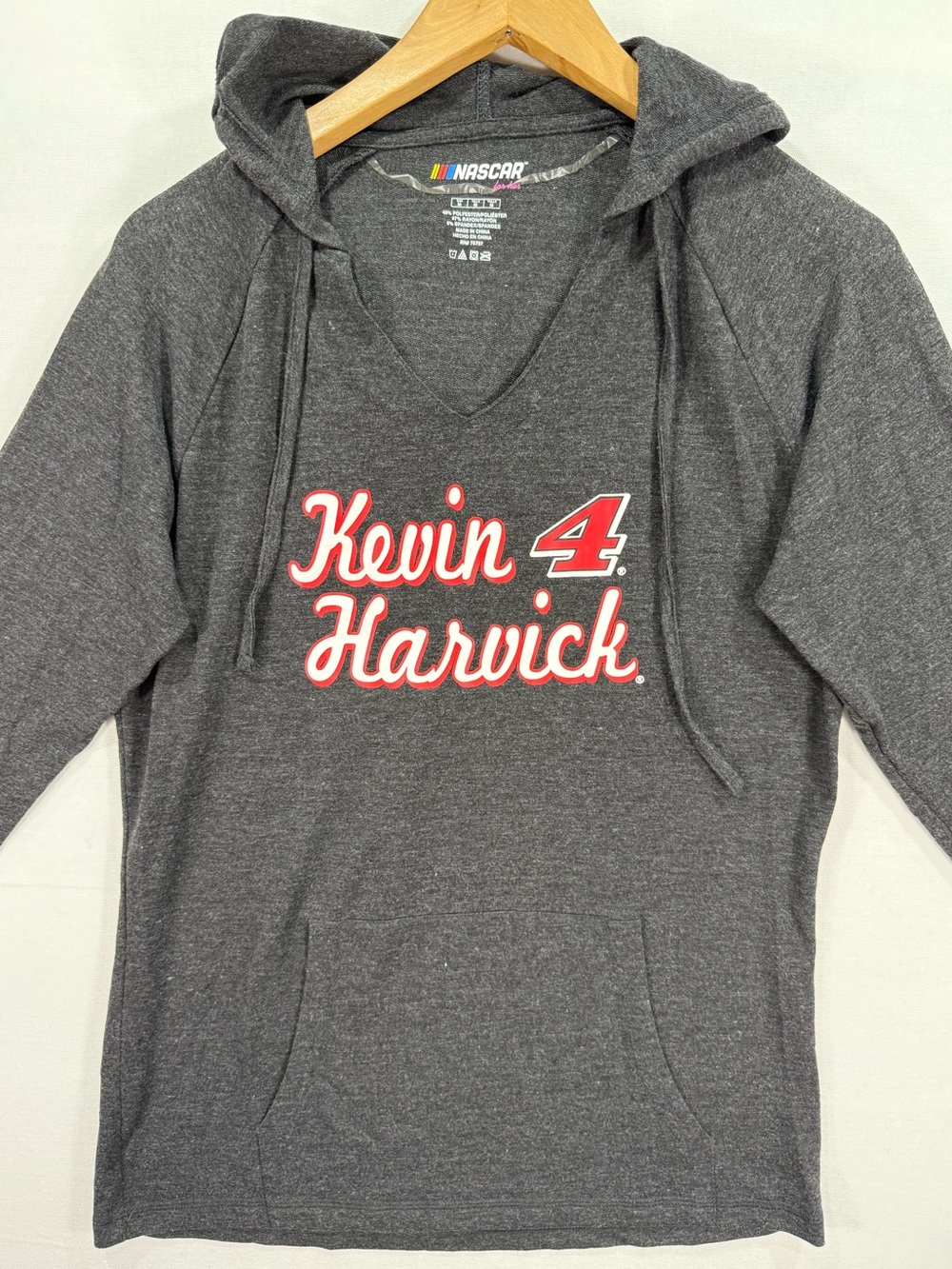 Nascar Kevin Harvick Women's Dark Gray V-Neck Hoodie Sweater with Red Logo